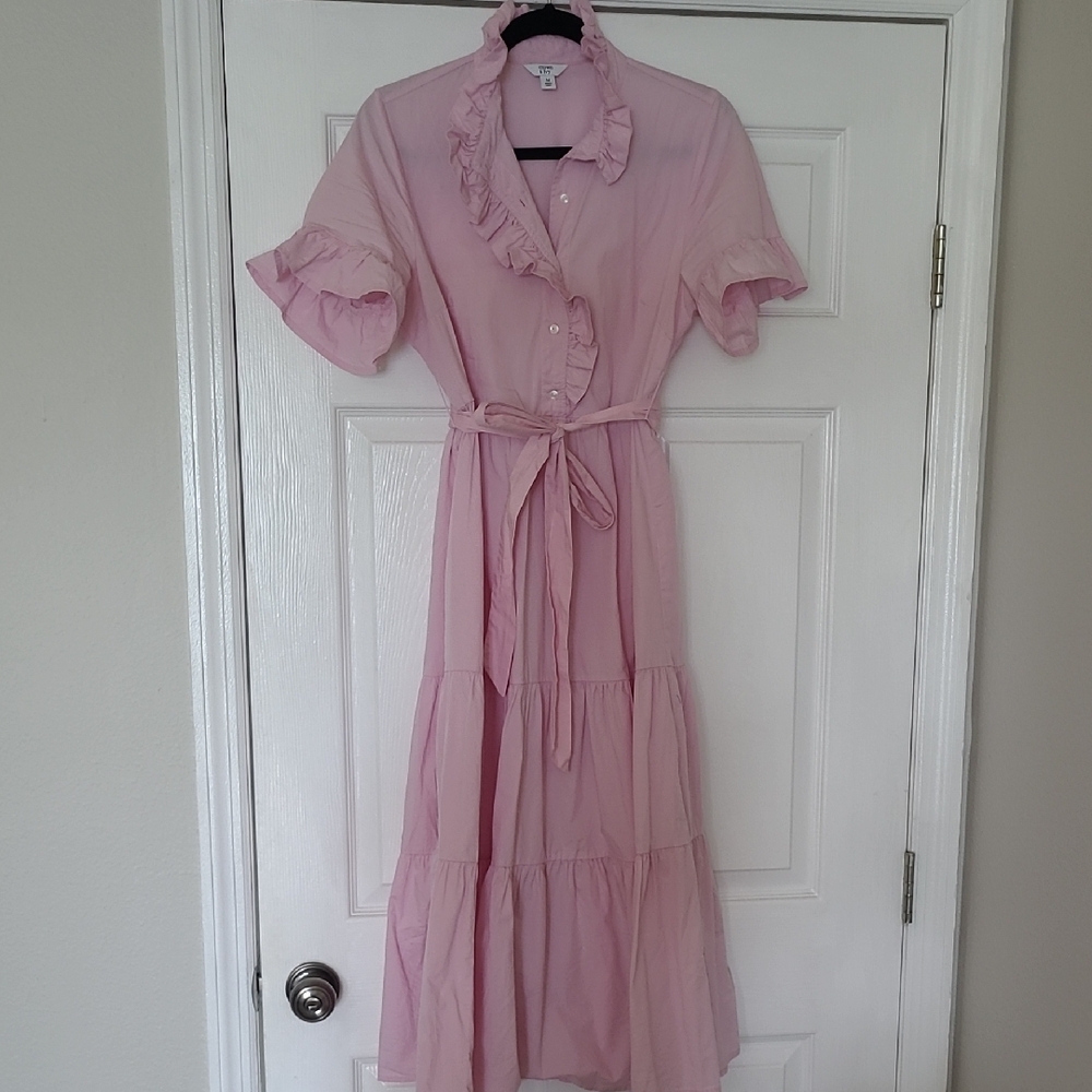 Crown & Ivy Pink Midi Sundress with Puff Sleeves and Peter Pan Collar